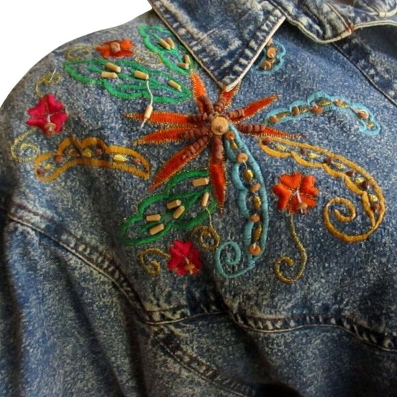 M Vintage 90's Patty Blue Denim Shirt Embroidered Floral Design Button Front - Picture 3 of 6